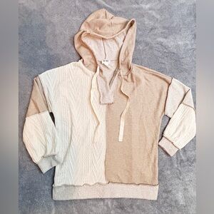 BiBi Color Block Hoodie Small Cream Beige Textured Pullover